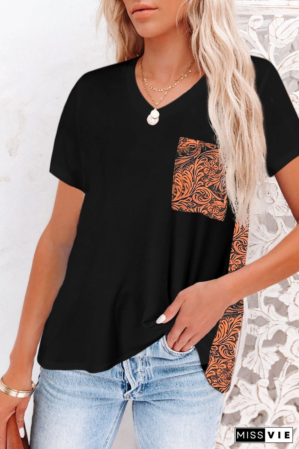 Black Women's Casual Printed Splicing Pullover Pocket T-shirt