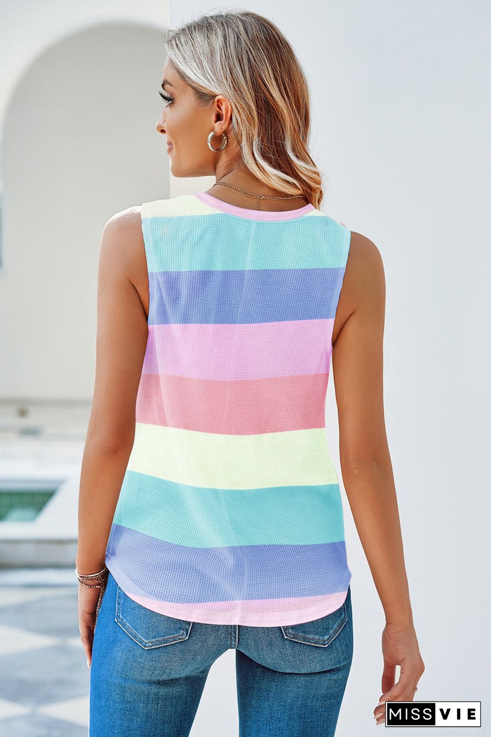 Multicolor Colorblock Striped Waffle Tank Top