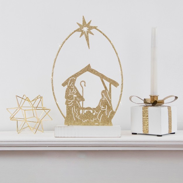 Led Lighted Golden Glitter Holy Family Nativity Scene Christmas Decoration