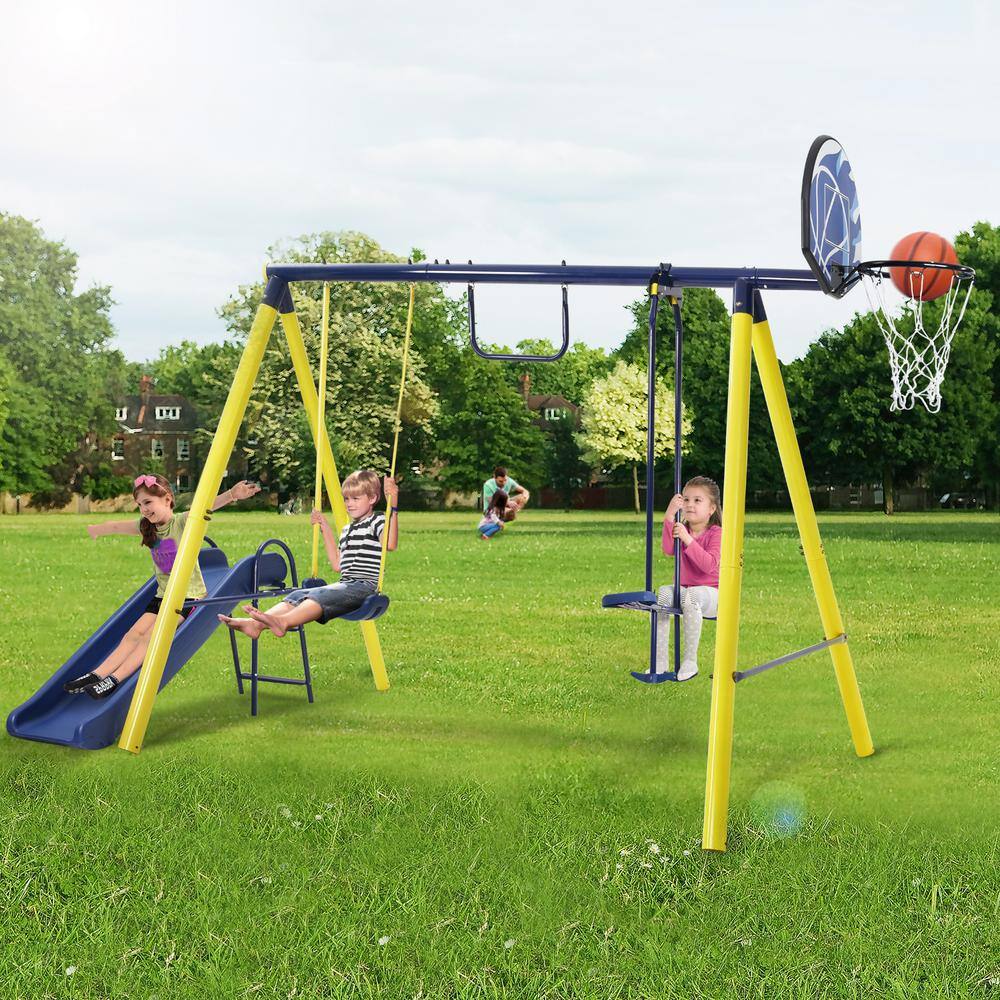 Afoxsos 5 in 1 Outdoor Tolddler Swing Set for Backyard with Steel Frame Seesaw Swing Basketball Hoop HDMX737