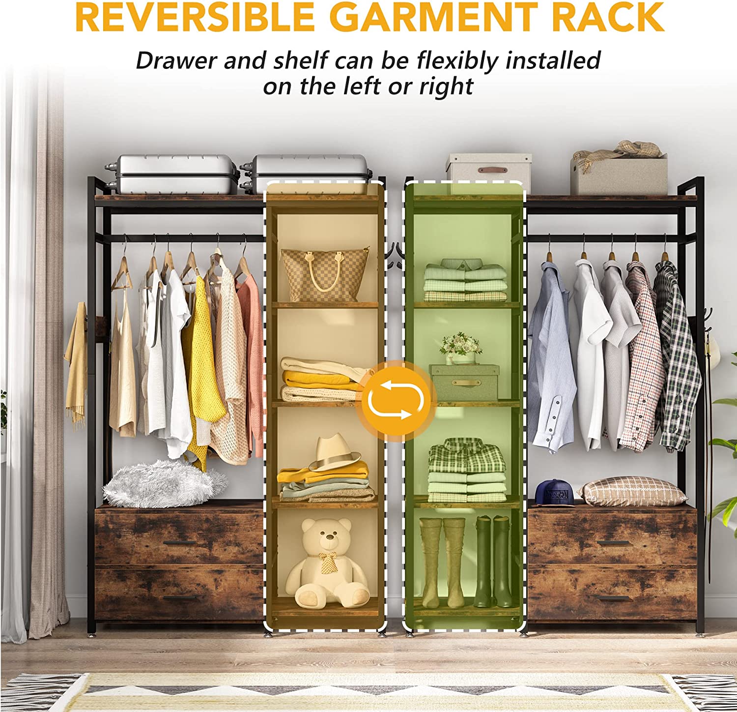 Freestanding Closet Organizer, Garment Rack with 2 Fabric Drawers