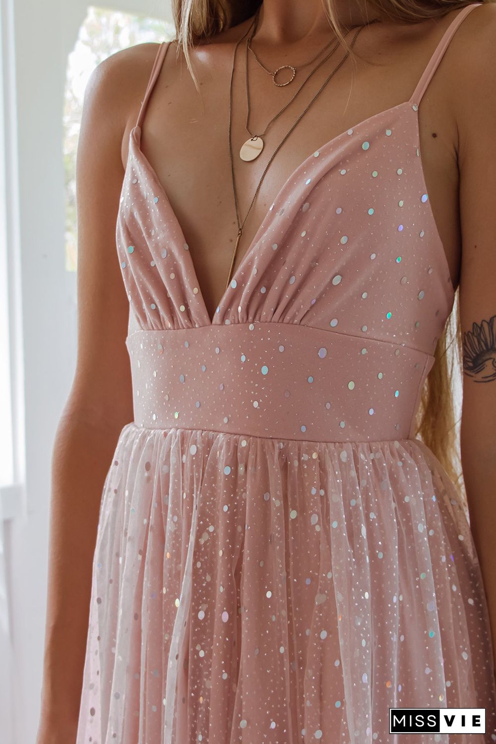 Pink Spaghetti Straps Backless Sequin Tulle Gown