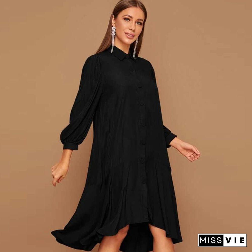 Long Sleeve Shirt Dress Single Breasted Goddess Over Knee Loose Slim Long Skirt