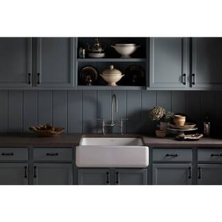 KOHLER Whitehaven Farmhouse Undermount Apron Front Cast Iron 30 in. Self-Trimming Single Bowl Kitchen Sink in White K-6487-0