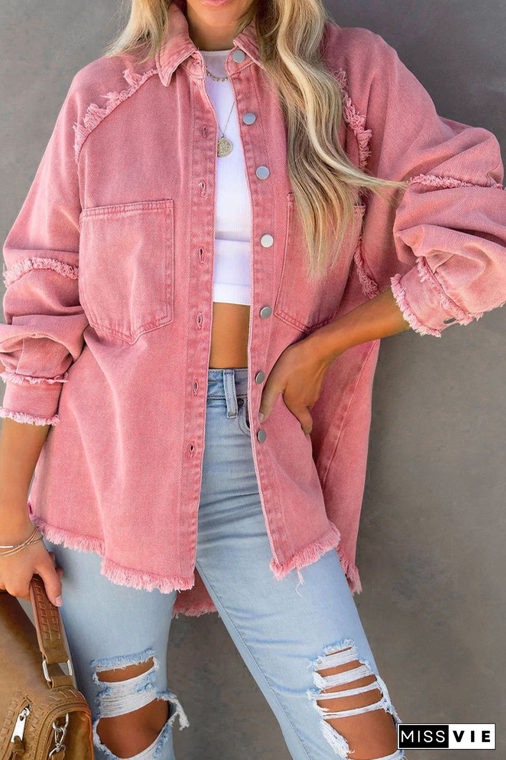 Candy Color Button Pockets Raw Trim Denim Jackets