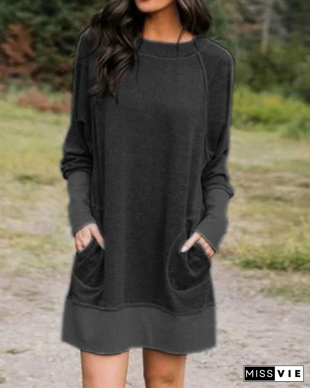 Plus Size Long Sleeve Pocket Casual Blouses Dresses