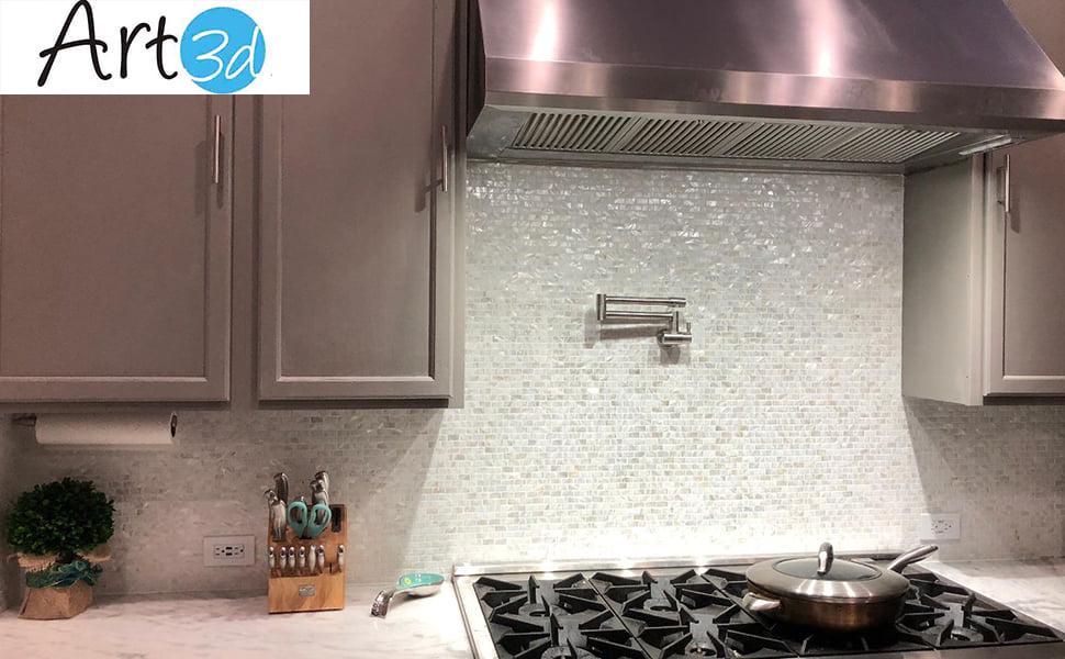 Art3d (10-Pack) 12 x 12 Mother of Pearl Backsplash Tile with Seams White Opal Subway for Kitchen