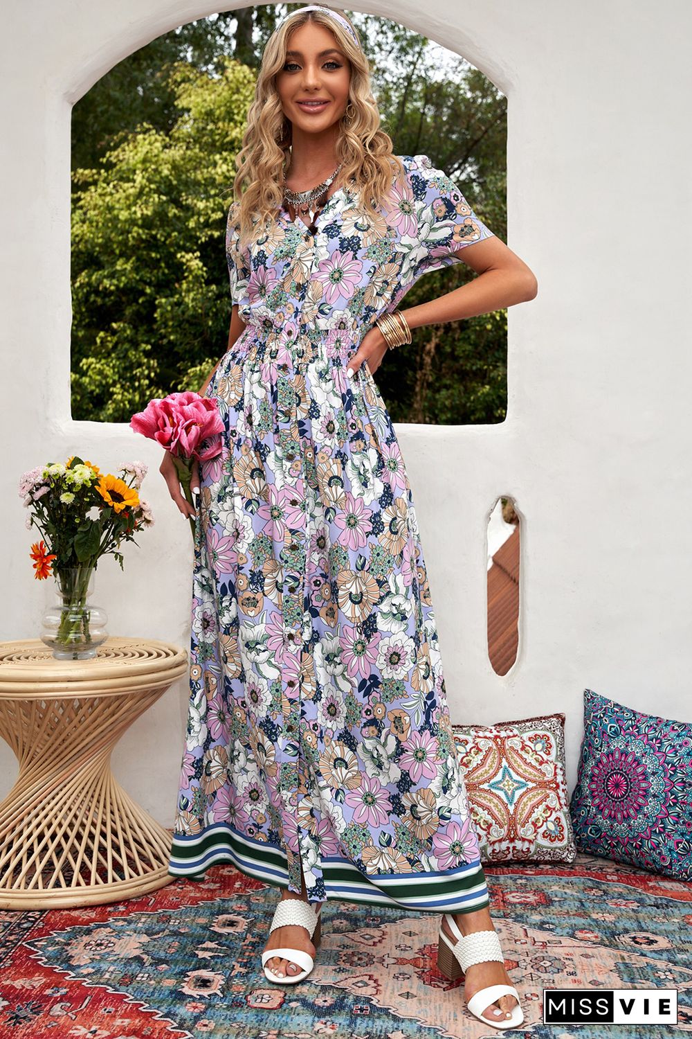 Purple Buttons Closure Floral Short Sleeves Maxi Dress