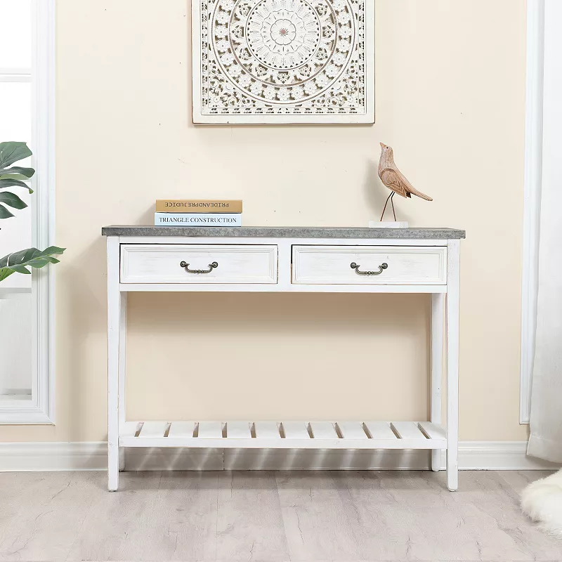 LuxenHome Farmhouse Distressed White Wood 2-drawer 1-shelf Console And Entry Table