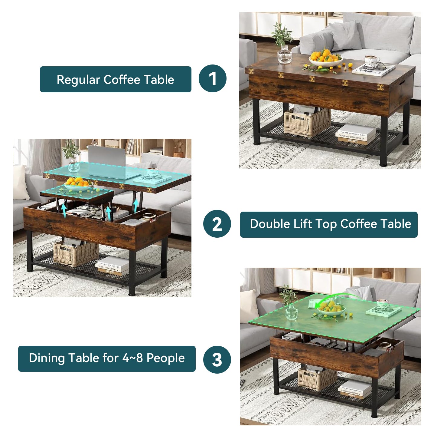 Coffee Table with Lifting Top Modern Lift Dining Table with 4 Storage Spaces