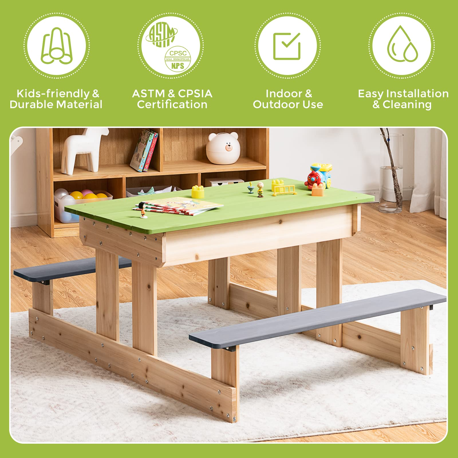 Costzon Kids Picnic Table, 3 in 1 Multipurpose Sand & Water Table w/Removable Top & 2 Storage Boxes