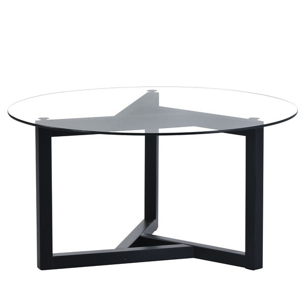 35 in. Round Glass Coffee Table Cocktail Table with Top and Wood Base