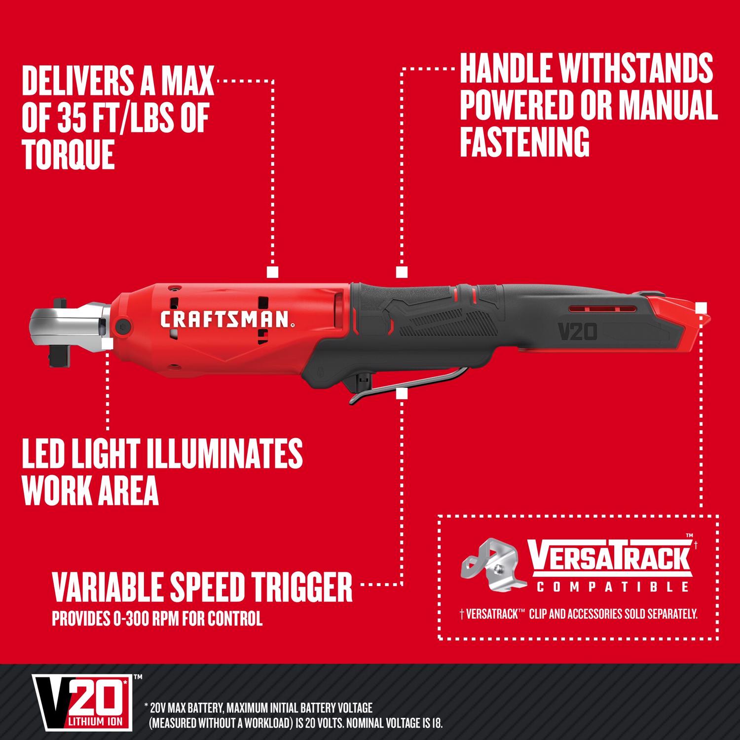 Craftsman V20 20 V 3/8 in. Brushed Cordless Ratchet Tool Only