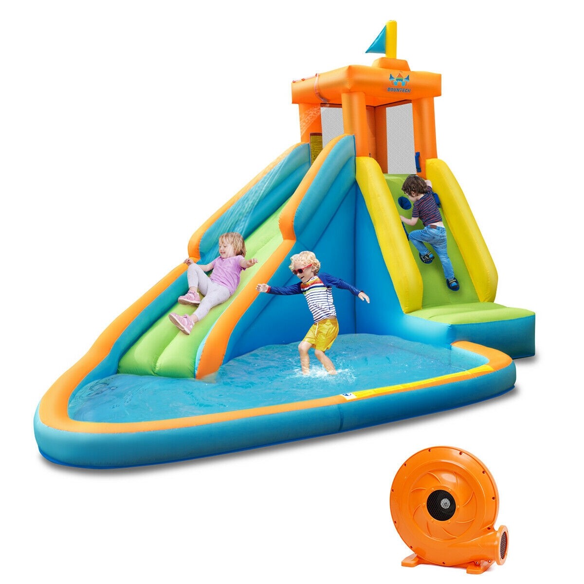 Inflatable Water Slide, Bouncer Pool w/Long Slide (with 740W Air Blower)