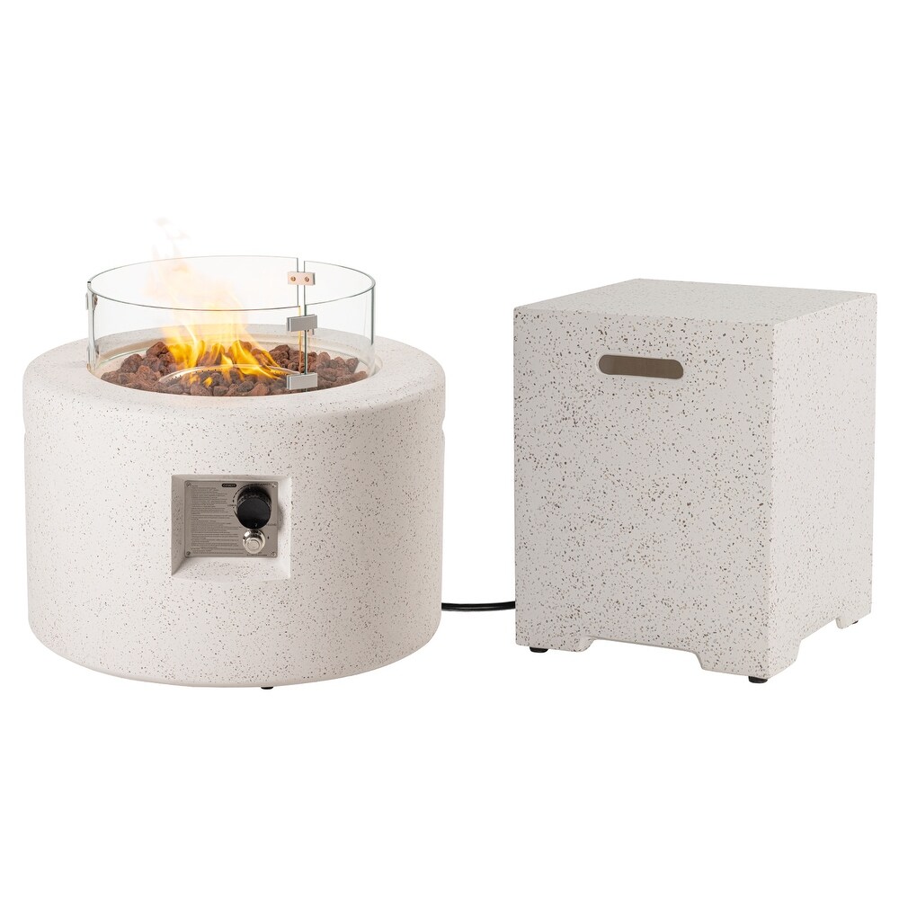 COSIEST Outdoor White Round Fire Pit Table w Wind Glass  Tank Table