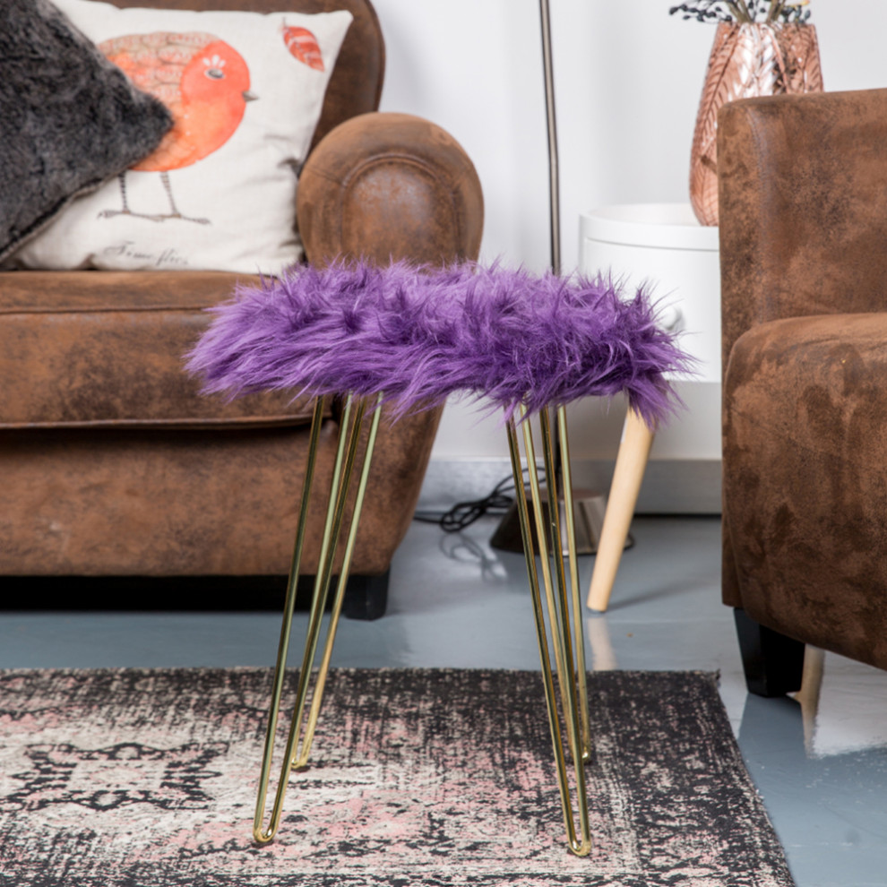 Fauxfur Purple Vanity Foot Stool With Golden Metal Legs  Set of 1   Midcentury   Vanity Stools And Benches   by specialty imports  Houzz