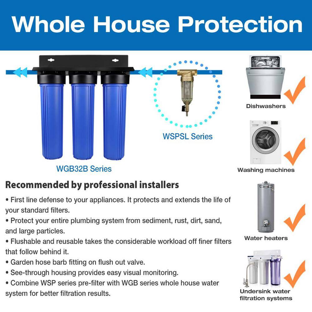 ISPRING WSP-50SL Reusable Spin Down Sediment Filter with Siliphos and Push-Fit Plumbing Fittings 20 GPM 1 in. MNPT 34 in. FNPT WSP-50SL+ACX2