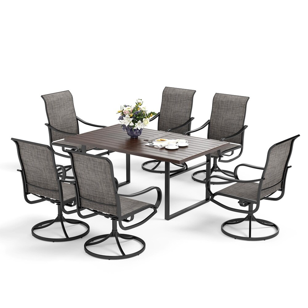 7 Piece Patio Dining Sets Wood grain Pattern U shaped leg Table   Textilene Swivel Chairs