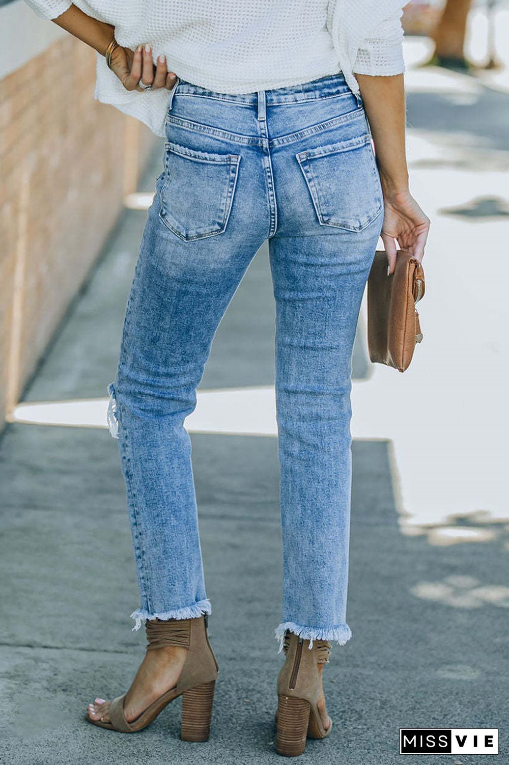 Casual Solid Ripped Mid Waist Boot Cut Denim Jeans