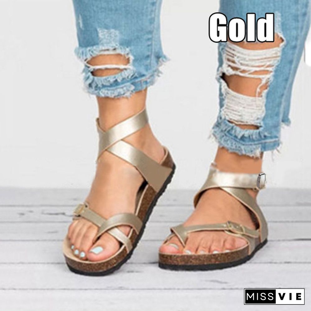 Fashion Cork Sandals Women Summer Buckle Strap Solid Beach Slipper Flip Flops Sandals Flat Shoes Plus Size 35-44