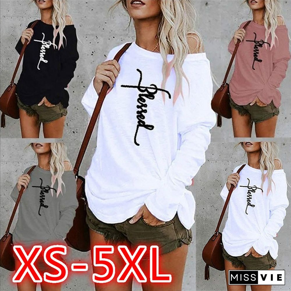 New Autumn And Winter Fashion Women Blessed Letter Printed Long Sleeve Sweatshirt Round Collar Loose Blouses Pullover Tops Jumpers