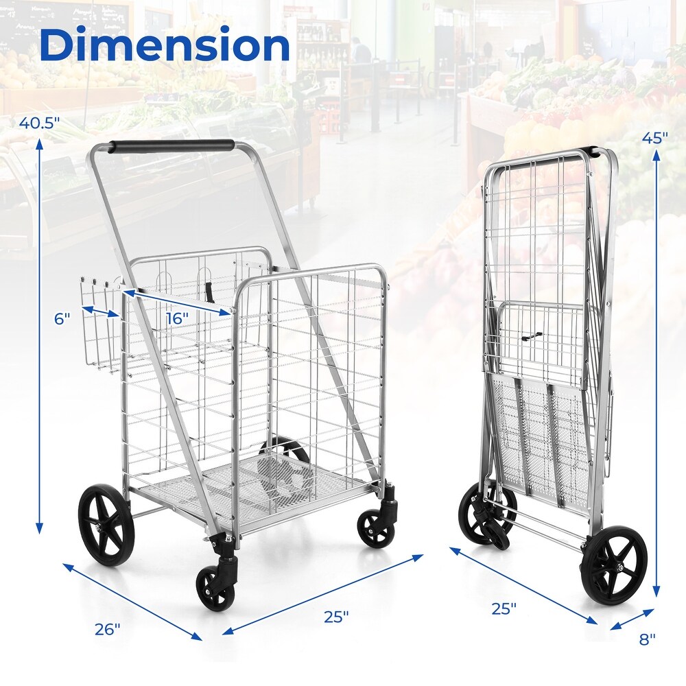 Folding Shopping Cart with Waterproof Liner Wheels and Basket Silver   26\