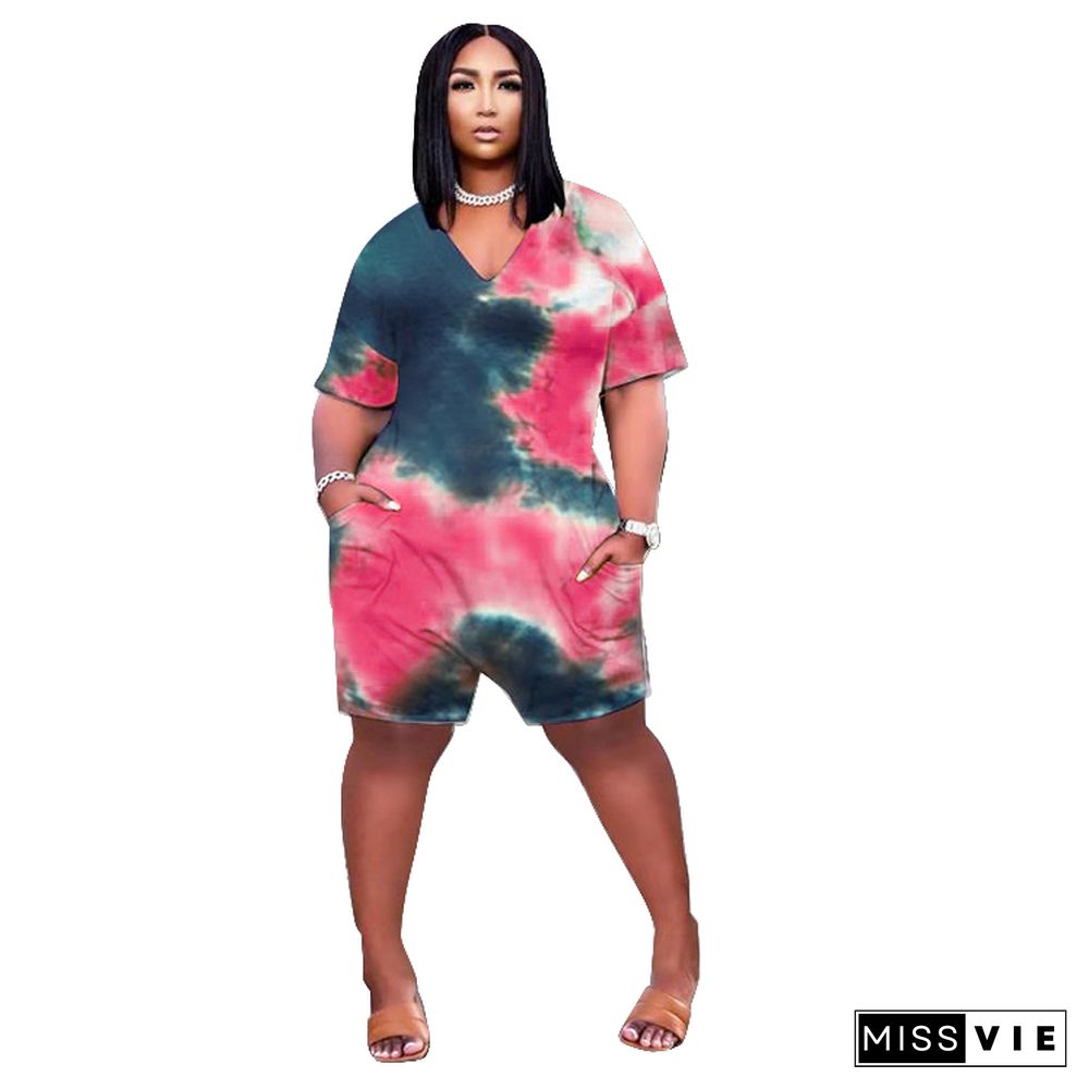 Tie Dye V Neck Short Sleeve Loose Plus Size Romper