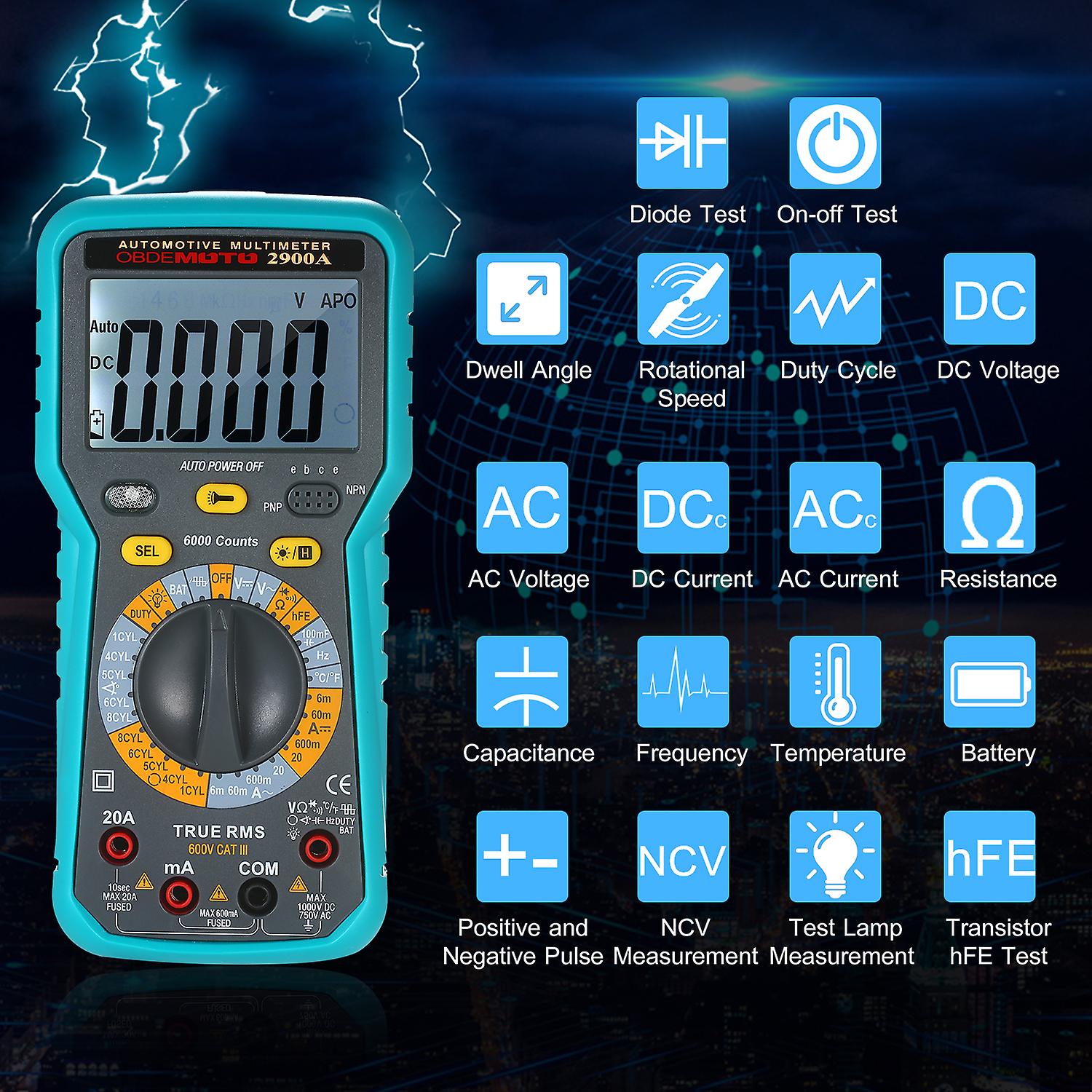 6000 Count Lcd Digital Automotive Multimeter True Rms Universal Tester With Flashlight No.255979