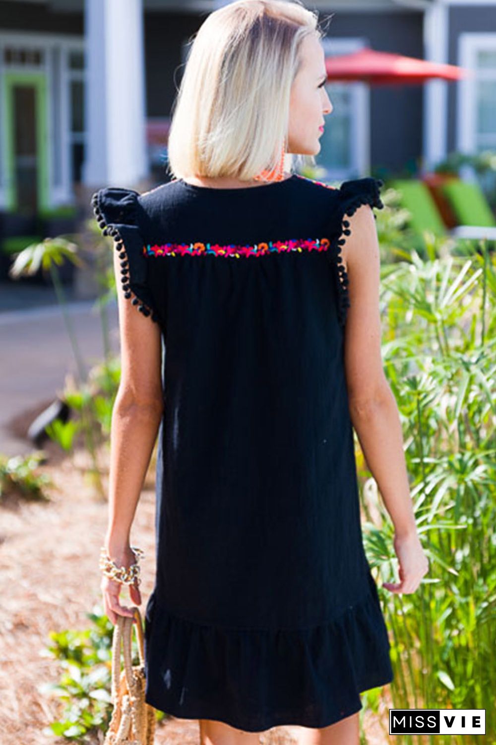 Black Boho Print Pompom Sleeve Shift Dress