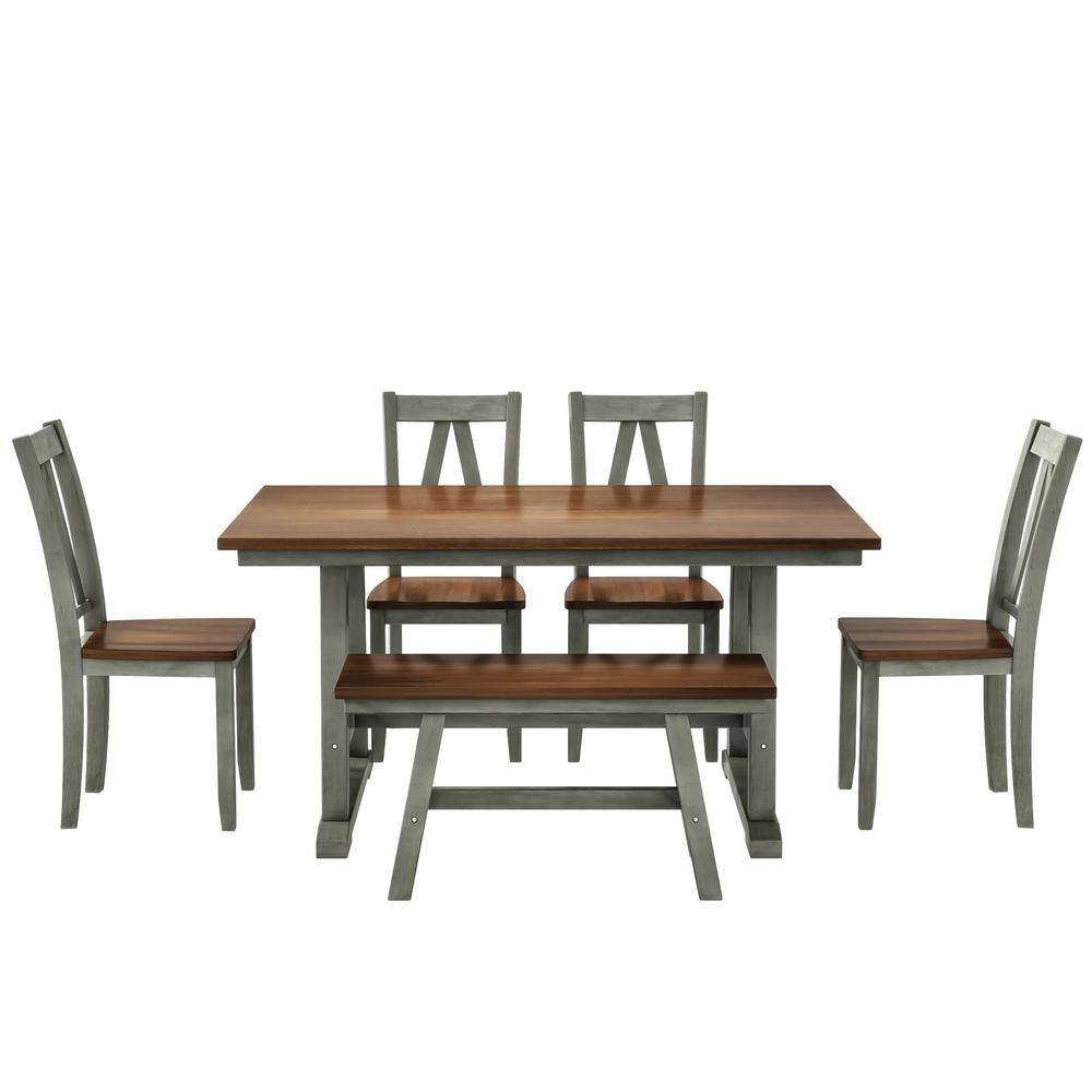 Harper  Bright Designs Farmhouse 6-piece Walnut and Gray Rectangle MDF Top Dining Table Set Seats 6 DT142AAE