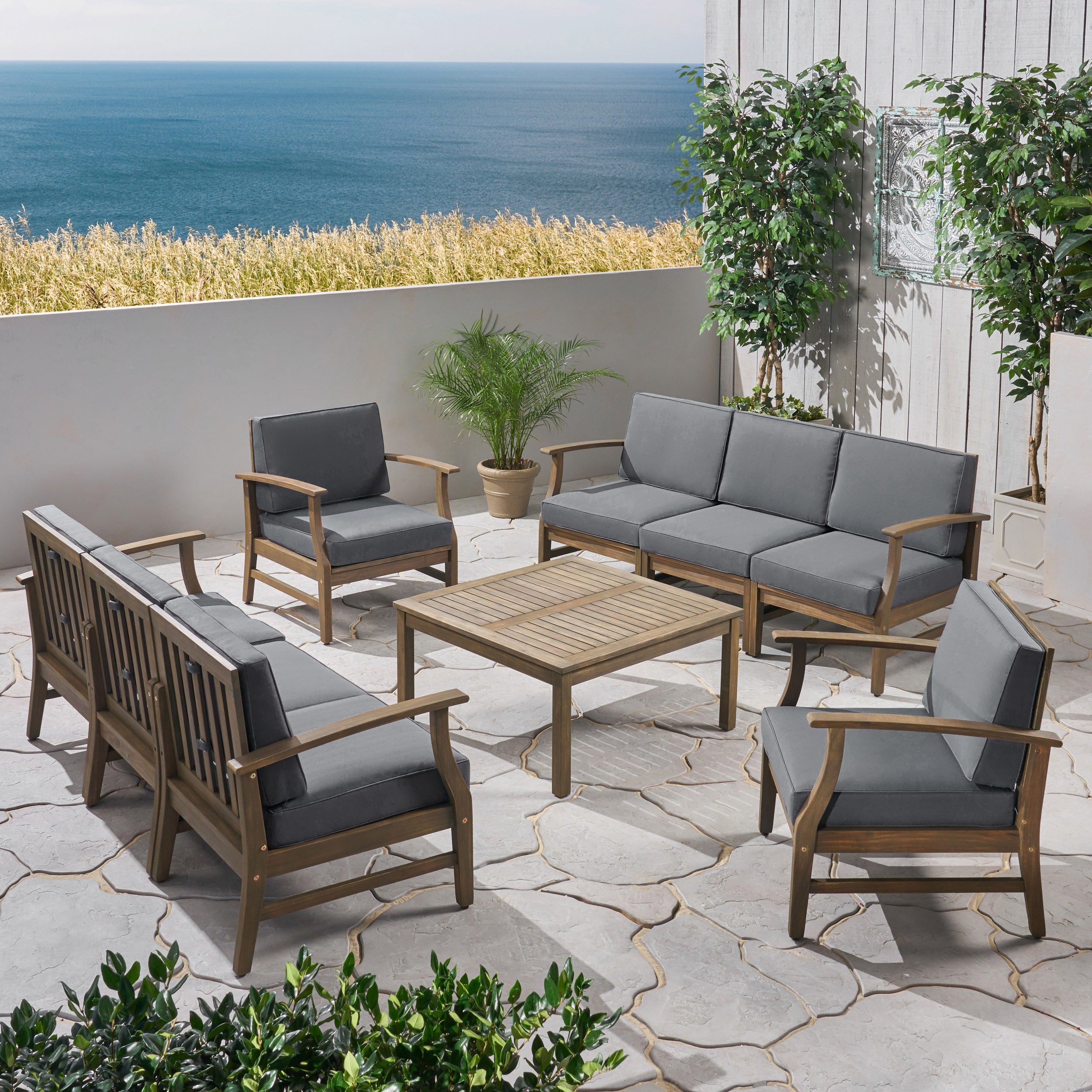 Lorelei Outdoor 9 Piece Acacia Wood Sofa Conversational Set