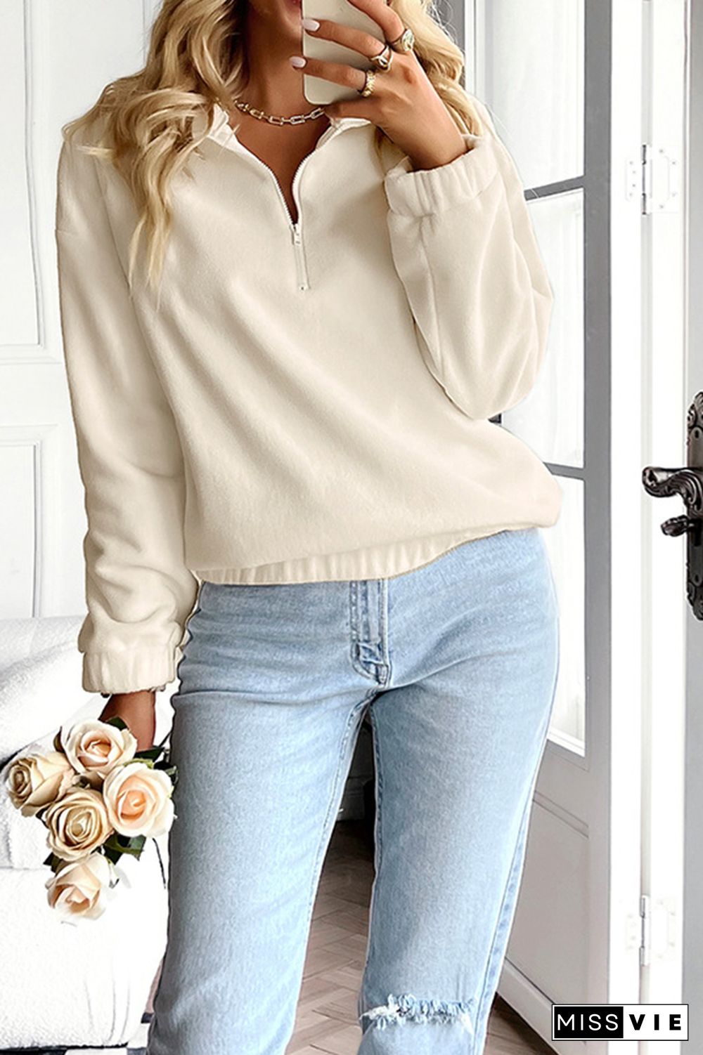 Plain Long Sleeve Zipper Sweatshirt