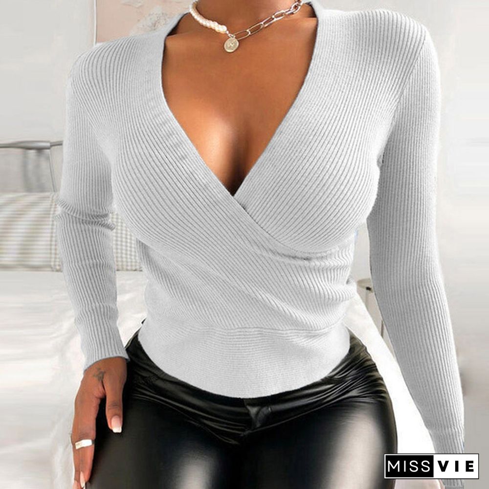 XS-8XL Autumn and Winter Tops Plus Size Fashion Clothes Women's Casual Tops Solid Color Long Sleeve Tee Shirts Knitted Sweater Ladies Party Wear Deep V-neck Blouses Knittng Slim Fit Tops Club Wear Bodycon Shirts