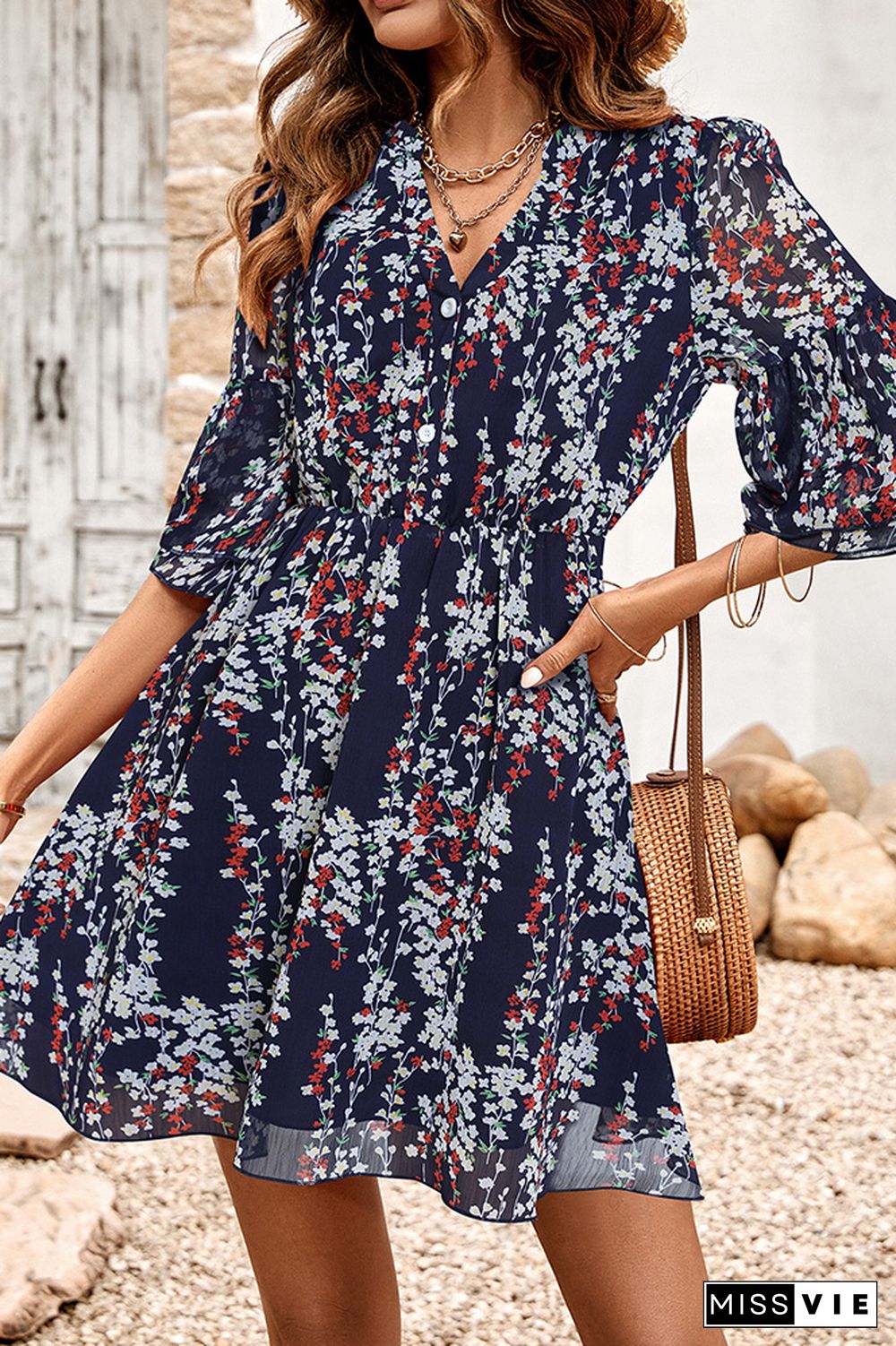 V Neck Buttoned Down High Waist Floral Dress