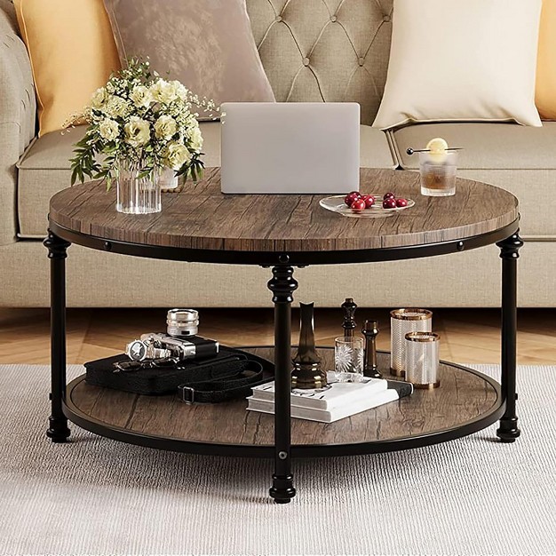 Trinity Round Coffee Table For Living Room Rustic Center Table With Storage Shelf