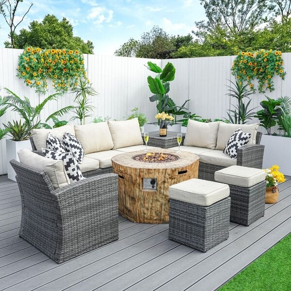 7piece Patio Wicker Garden Chat Sofa Set with Fire Pit and Storage Box