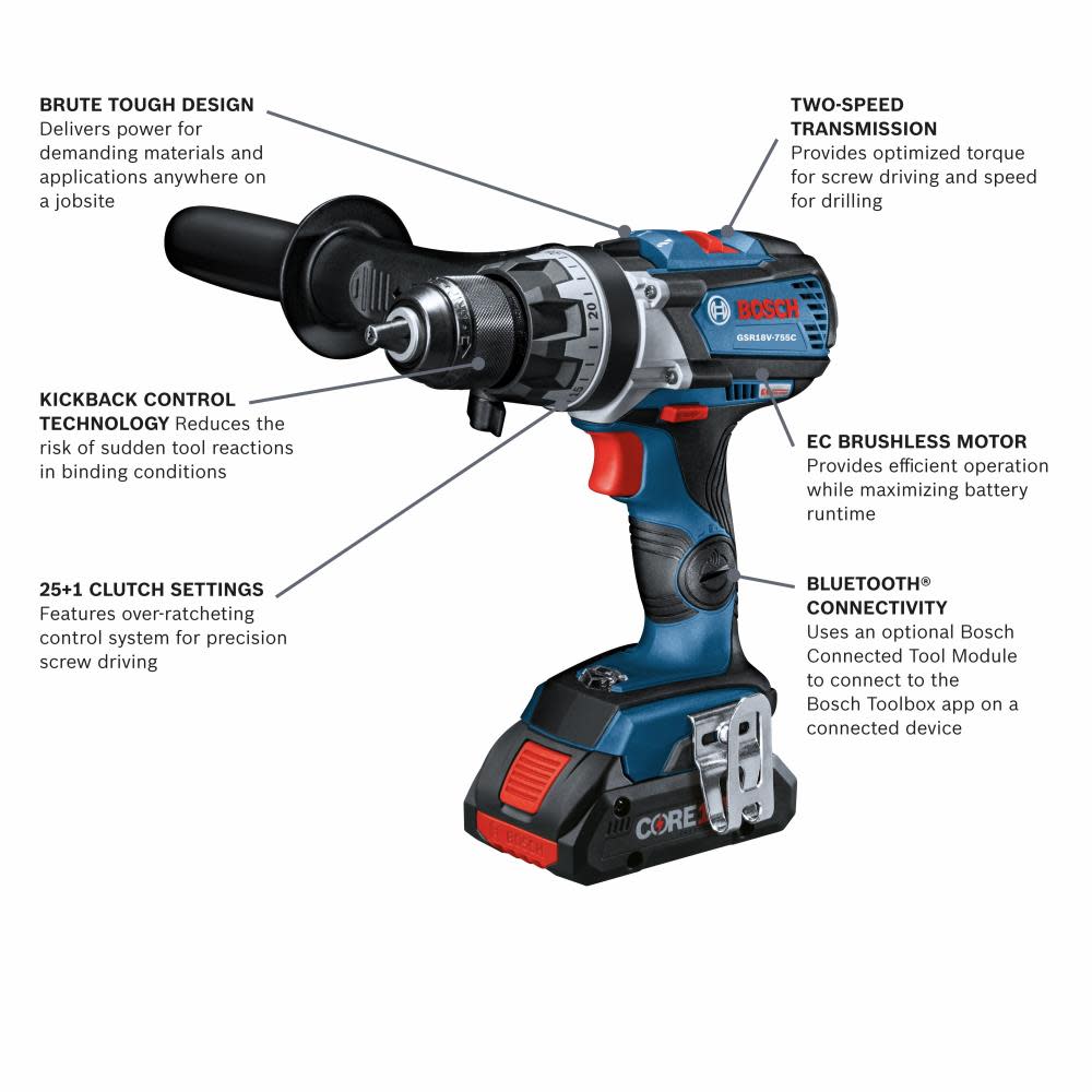 18V EC Brushless Connected-Ready Brute Tough 1/2 In. Drill/Driver Kit with (2) CORE18V 4.0 Ah Compact Batteries ;