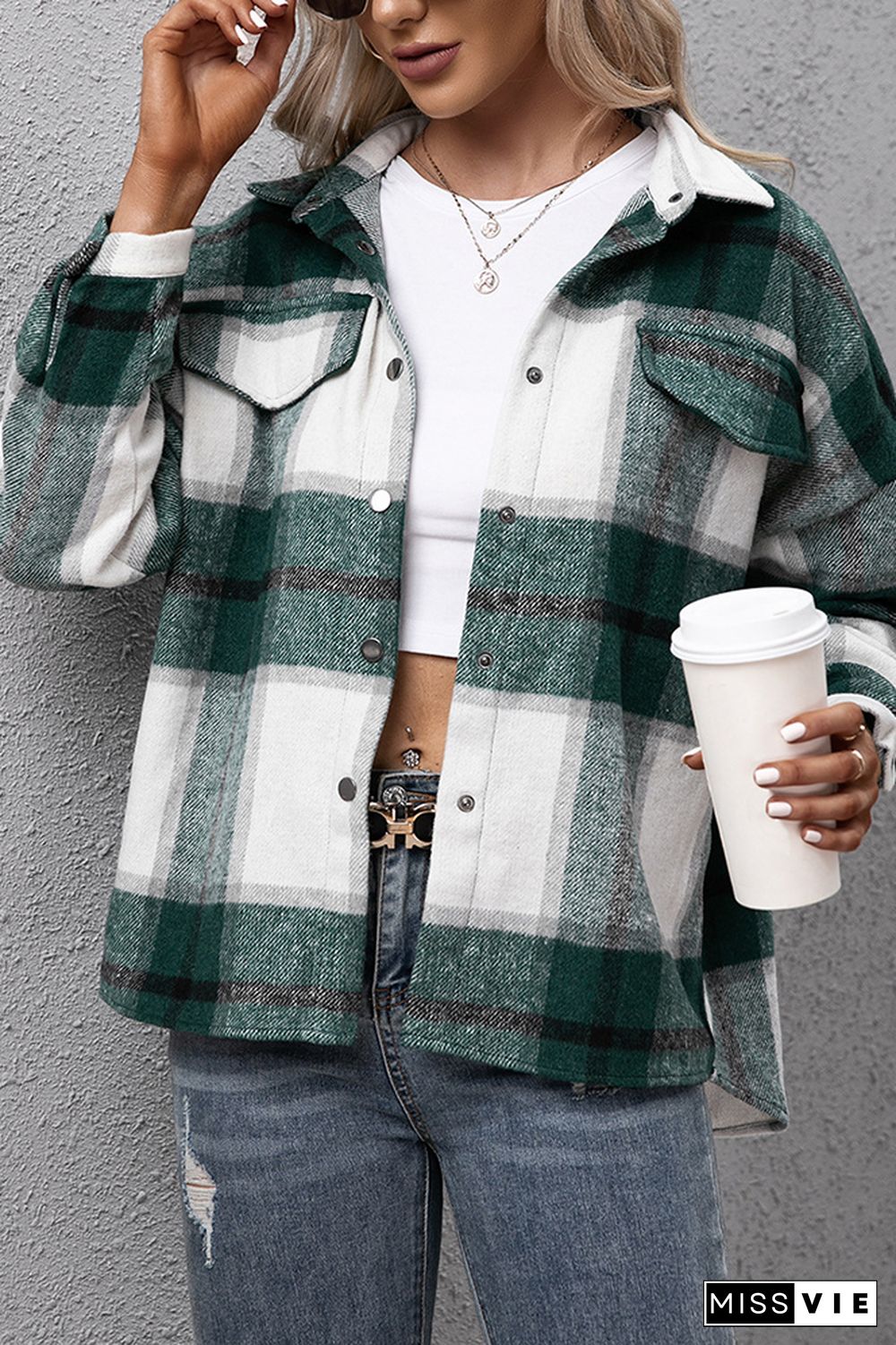 Plaid Turn Down Neck Button Down Shacket Jacket Women Wholesale