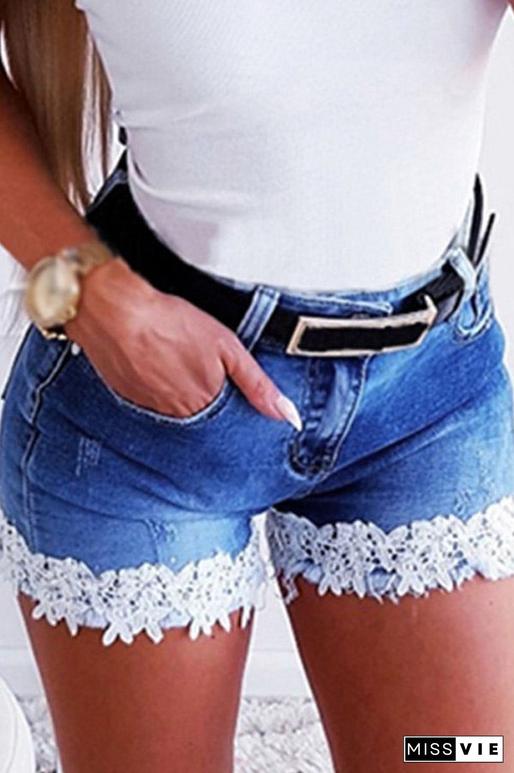 Sexy Slim Lace Stitching Denim Shorts