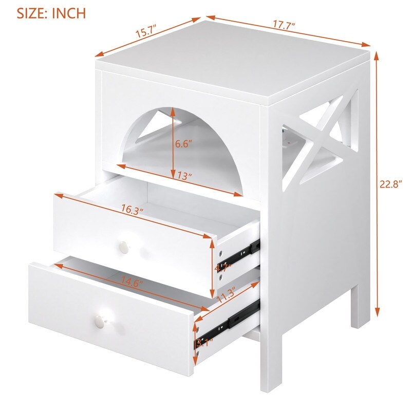 Nightstand with USB Charging Ports and LED Lights End Table with 2 Drawers and Shelf