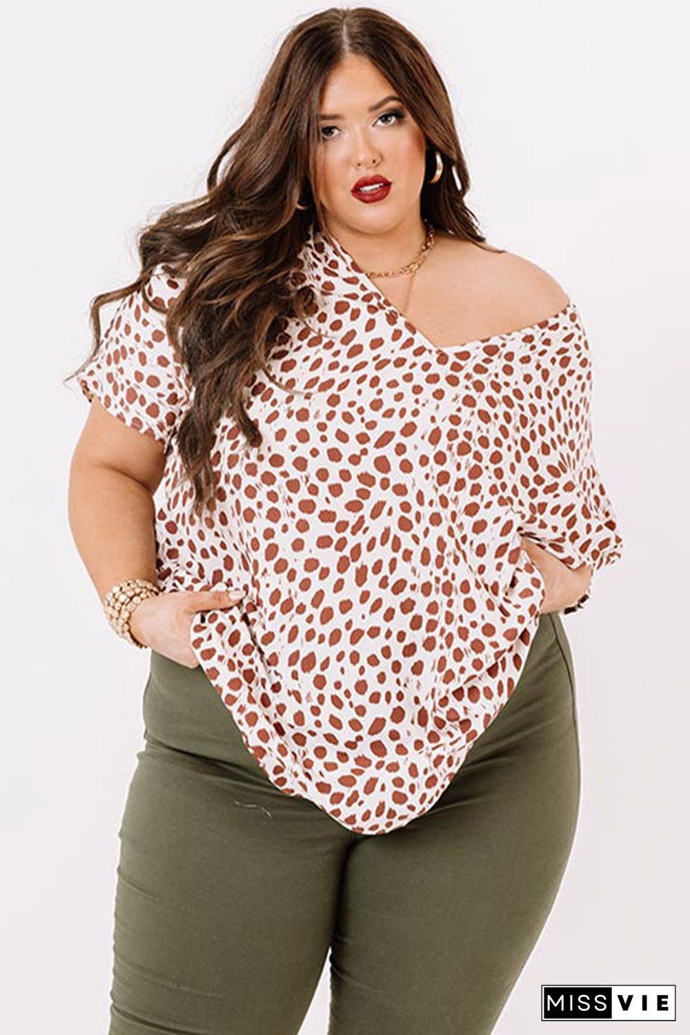 Plus Size Leopard V Neck Short Sleeve Shift Top