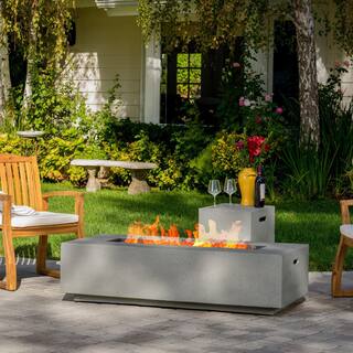 Noble House Aidan 56 in. x 15.00 in Rectangular MGO Gas Fire Pit Table in Light Grey - 50000 BTU with Tank Holder 8160