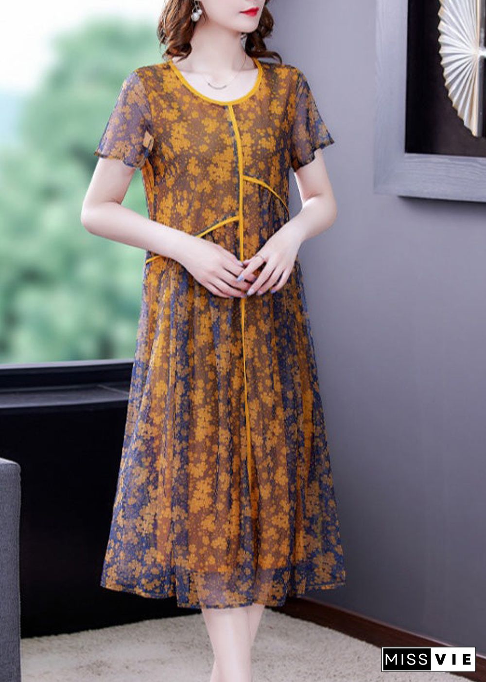 Loose Yellow O-Neck Patchwork Print Tulle Maxi Dresses Short Sleeve