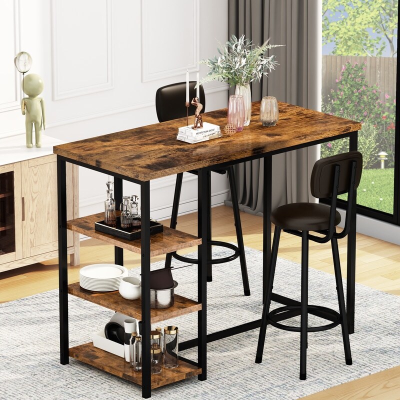 3 Pieces Industrial Bar Table Set  Counter Height Kitchen Pub Table Set with 3 Storage Shelves and Upholstered Stools