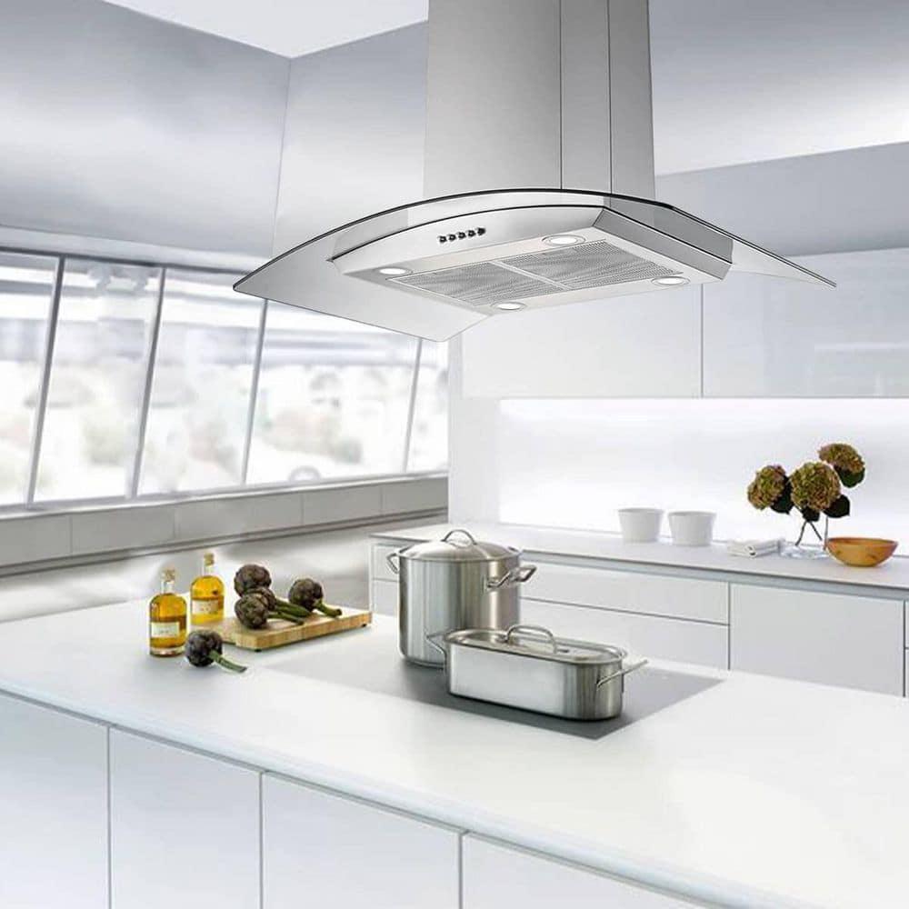 36 in 900CFM Ducted Insert Range Hood in Sliver Stainless Steel Island Mount Range Hood Tempered Glass LED Lights