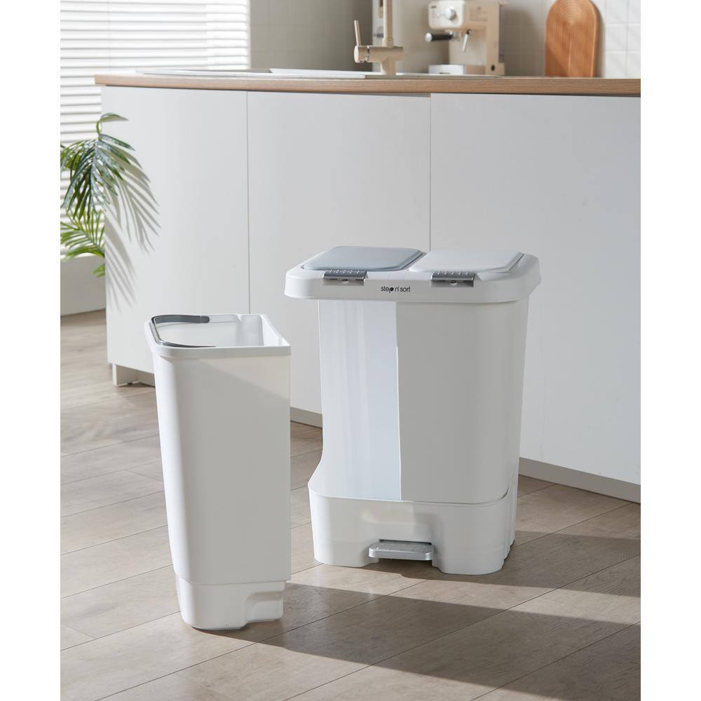 Step N' Sort 11 Gal. White Dual Plastic Trash and Recycling Bin with Slow Close Lid SNS402-W