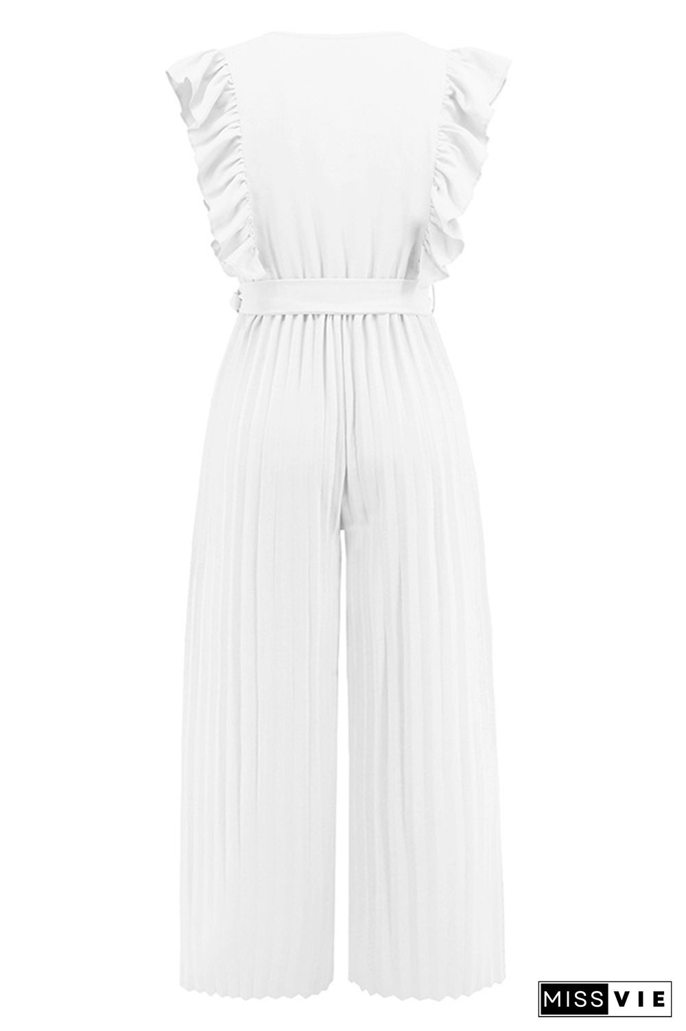 Sleeveless V Neck Ruffle Pleated Wide Leg Jumpsuit