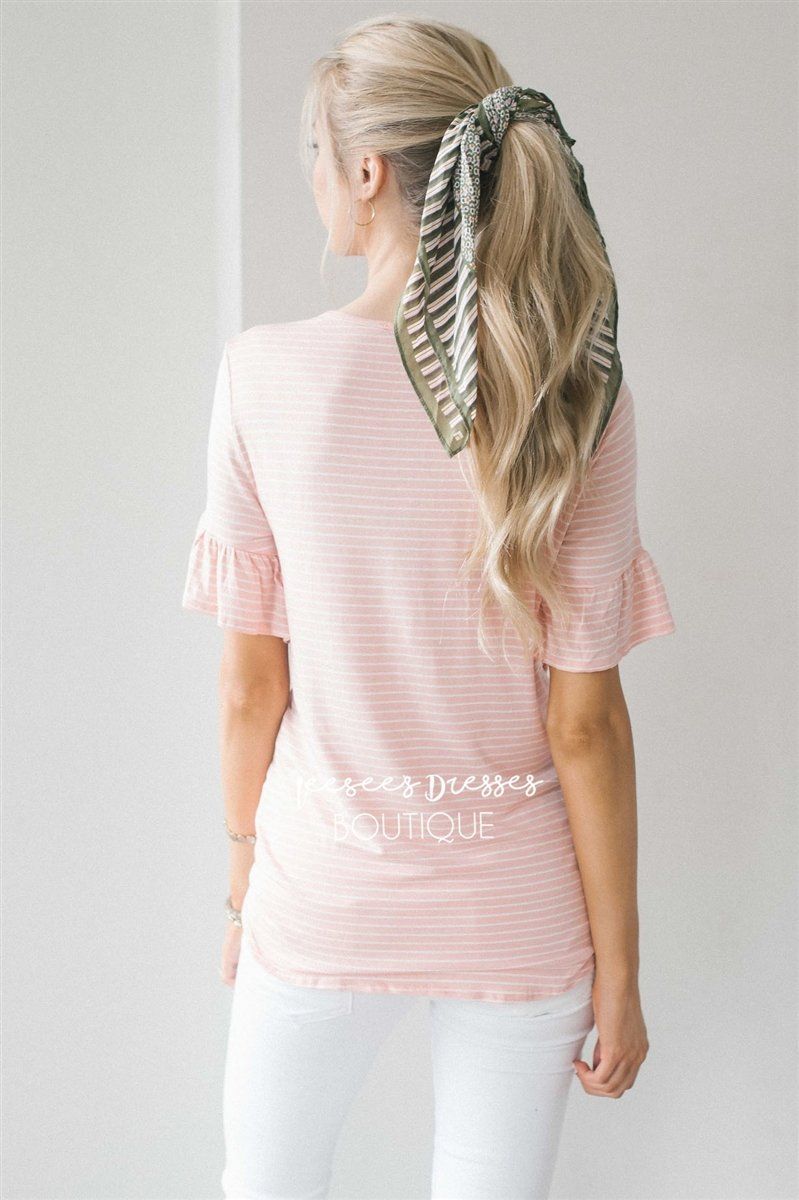 Striped Ruffle Sleeve & Tie Front Top