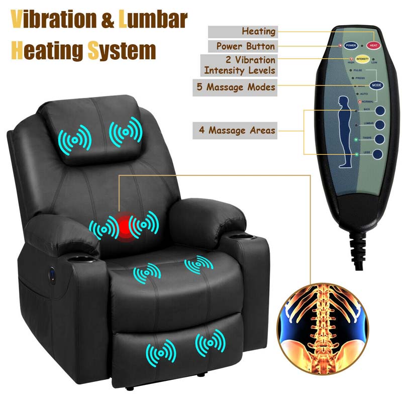 Electric Power Lift Recliner, Leather Massage Reclining Sofa, Elderly Lift Chair with Lumbar Heating & 8 Vibrating Nodes, Cup Holder, USB Port