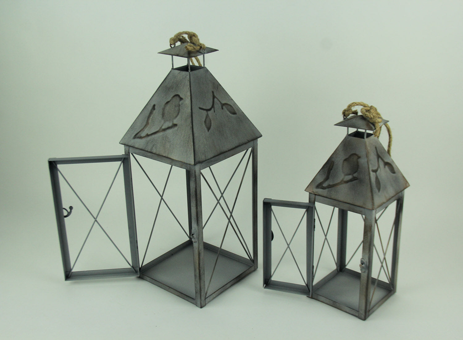 Zeckos Vintage Grey Metal Bird On Branch Square Candle Lantern Set of 2